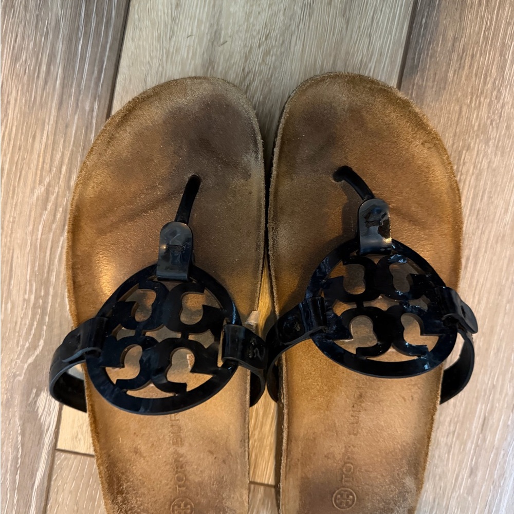 Tory Burch Black Patent Miller Cloud Sandal with cork bed size 9